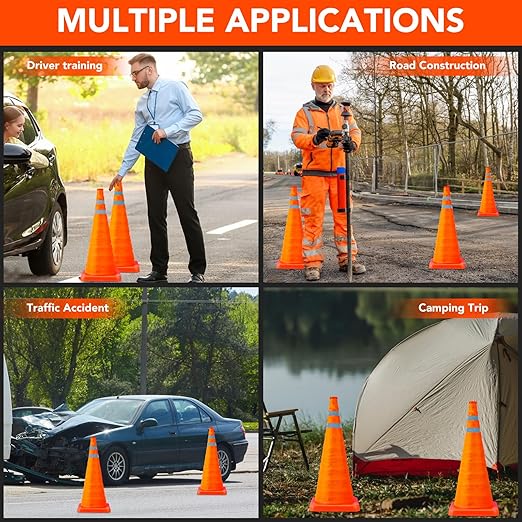TENKAIWICK 28 Inch 4 Pack Traffic Cones with Storage Bag, Collapsible Safety Cones, Multi Purpose Pop-up Cones with Reflective Collar, Orange Cones for Parking lot, Driveway, Driving Training etc