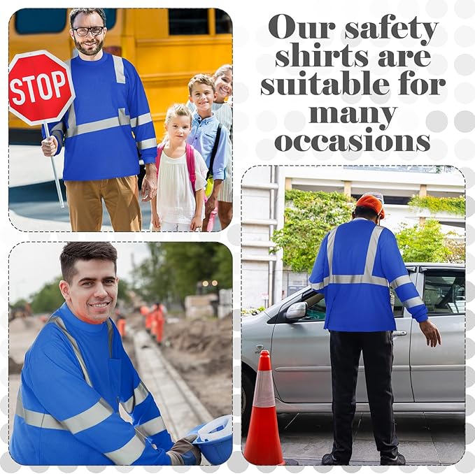 Amylove 4 Pcs Long Sleeve Safety Shirt High Visibility Reflective Construction Work Shirts for Men Women(XXXL,Blue)