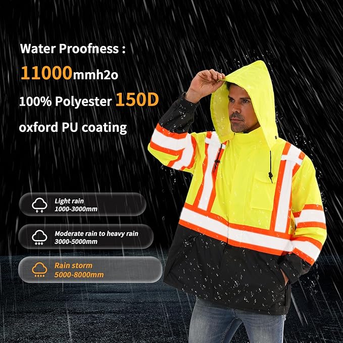 Reflective Rain jackets for men waterproof,Hi Vis Safety Coat With Reflective Strips，High Visibility Class 3 Rain jackets With 2 large pockets，Zipper,Lime,4XL/5XL