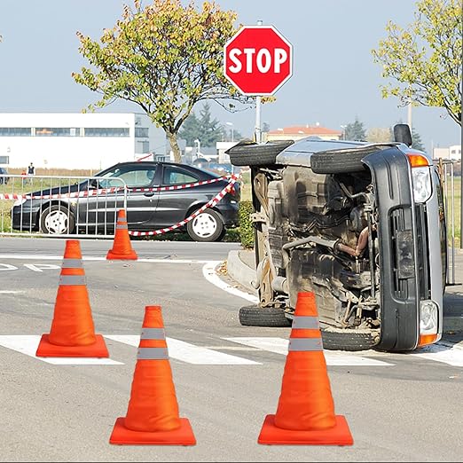 TENKAIWICK 18 Inch 3 Pack Traffic Cones, Collapsible Safety Cones, Multi Purpose Pop-up Cones with Reflective Collar, Orange Cones for Parking lot, Driveway, Driving Training etc