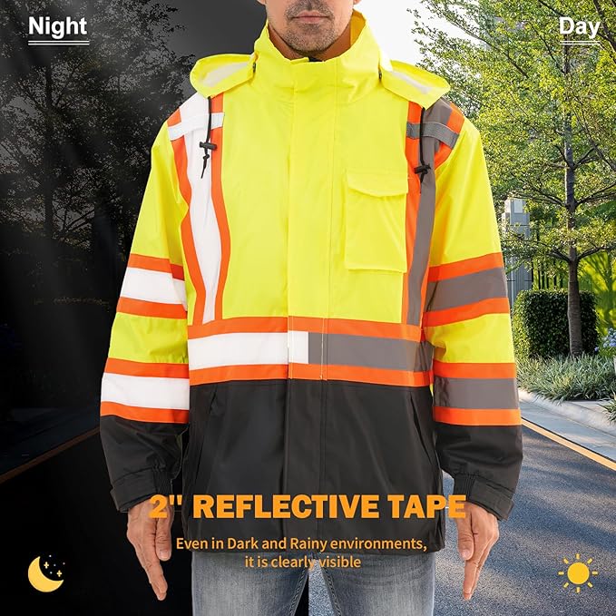 Reflective Rain jackets for men waterproof,Hi Vis Safety Coat With Reflective Strips，High Visibility Class 3 Rain jackets With 2 large pockets,Zipper,Lime,2XL/3XL