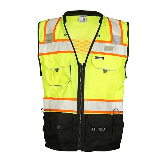 Kishigo Premium Black Series Men's Surveyors Vest S5002, Class 2 Hi-Vis Safety Vest, 10 Pockets with Reinforced Front Zipper Closure & Durable Webbing, ANSI/ISEA 107 Compliant (Lime/Black, 5XL)