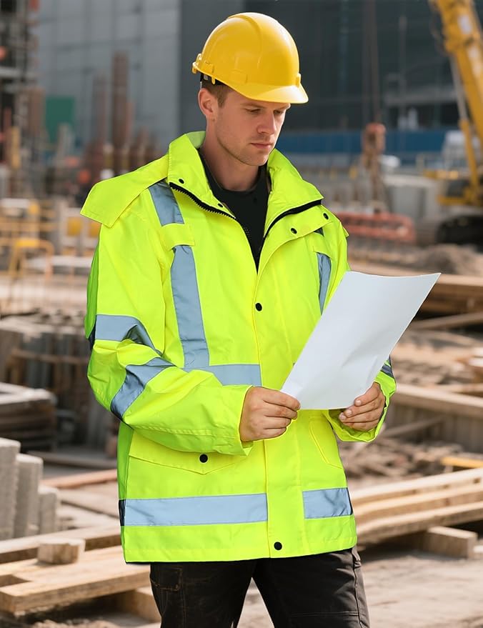 Ubon Men's Reflective Rain Jacket, Waterproof Hi Vis Rain Coat Safety High Visibility Raincoat with Detachable Hood