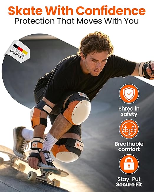 SKATEWIZ Adult Knee Pads, Skate & Skateboarding Wrist Guards for Skating Adult with Elbow Pads - Skateboard Protective Gear - Shield - Size M Orange - Roller Skates, Inline Skates