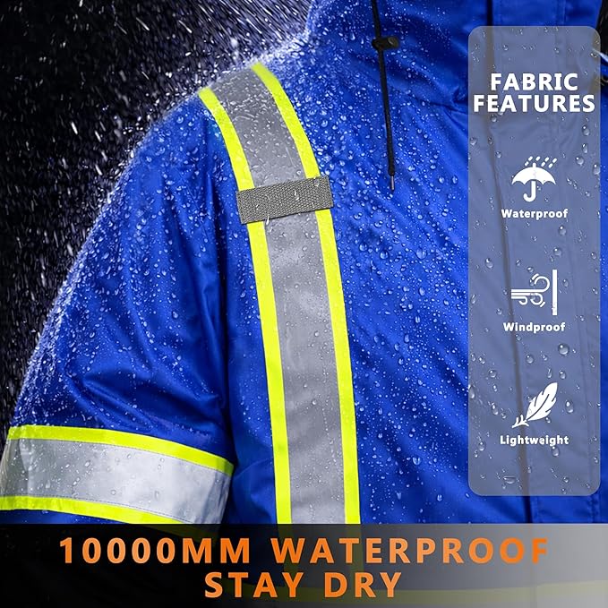 FATONE Hi Vis Rain Jacket for Men Lightweight Reflective Safety Rain Gear Waterproof with Hood, Class 3 Work Raincoat ANSI/ISEA Tested Blue 2XL/3XL