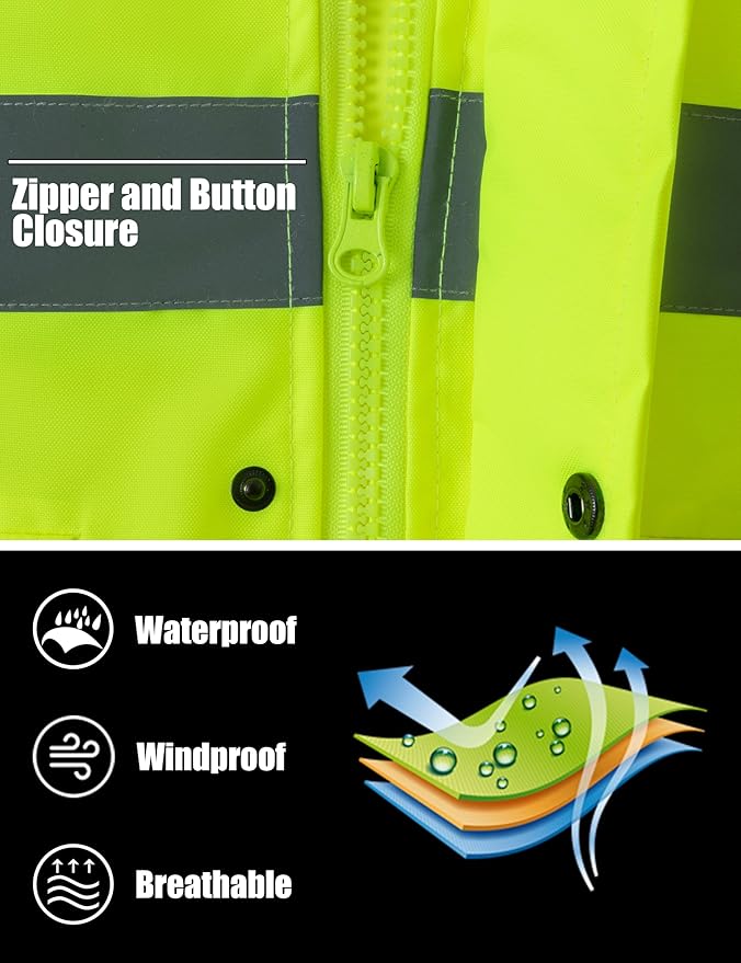 Ubon Men's Reflective Rain Jacket, Waterproof Hi Vis Rain Coat Safety High Visibility Raincoat with Detachable Hood