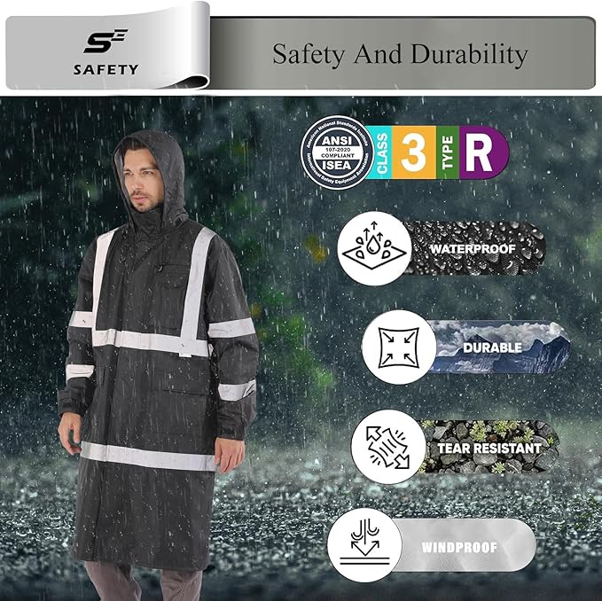 sesafety Safety Rain Coats for Men Work, Class 3 HighVisibility Rain Gear Construction, Reflective Hi Vis RainJacket Lightweight Waterproof