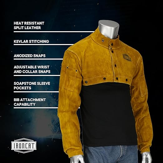 IRONCAT 7000 Cowhide Leather Welding Cape Sleeve - Golden Yellow, 4X-Large Size Cape Jacket with Heat Resistance. Welding Gears