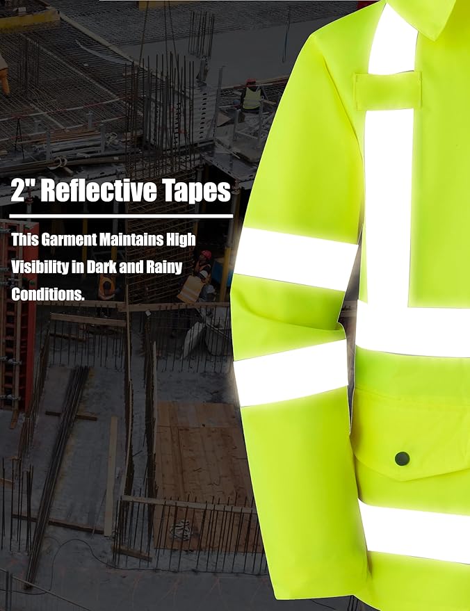 Ubon Men's Reflective Rain Jacket, Waterproof Hi Vis Rain Coat Safety High Visibility Raincoat with Detachable Hood