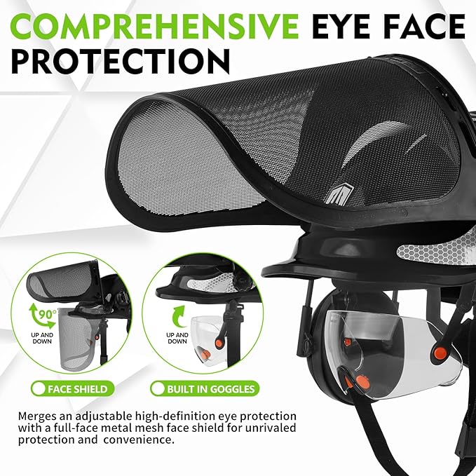 GREEN DEVIL Chainsaw Safety Protective Helmet Forestry Helmet with Build-in Visor Mesh Face Shield Ear Muffs 4 in 1 Ideal for Arborist Tree Work DIY Outdoor Logging Hard hat