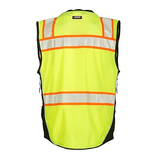 Kishigo Premium Black Series Men's Surveyors Vest S5002, Class 2 Hi-Vis Safety Vest, 10 Pockets with Reinforced Front Zipper Closure & Durable Webbing, ANSI/ISEA 107 Compliant (Lime/Black, LG)