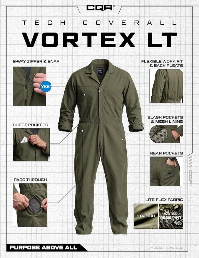 CQR Men's Tactical Ripstop Zip-Front Coverall, Lightweight Durable Utility Work Jumpsuit for Mechanics and Technicians