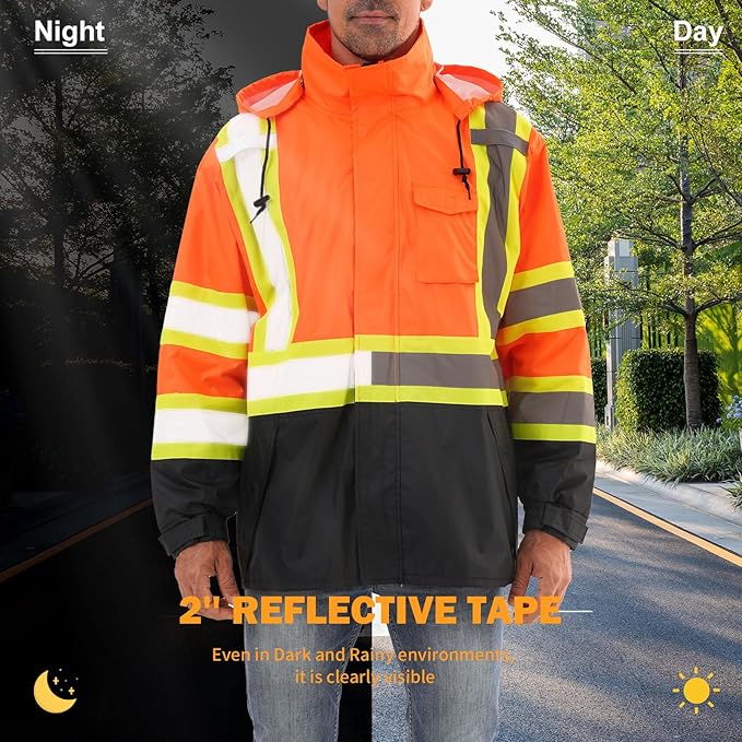 Reflective Rain jackets for men waterproof,Hi Vis Safety Coat With Reflective Strips，High Visibility Class 3 Rain jackets With 2 large pockets，Zipper,Orange,2XL/3XL