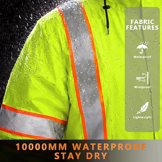 FATONE Hi Vis Rain Jacket for Men Lightweight Reflective Safety Rain Gear Waterproof with Hood, Class 3 Work Raincoat ANSI/ISEA Tested Yellow S/M