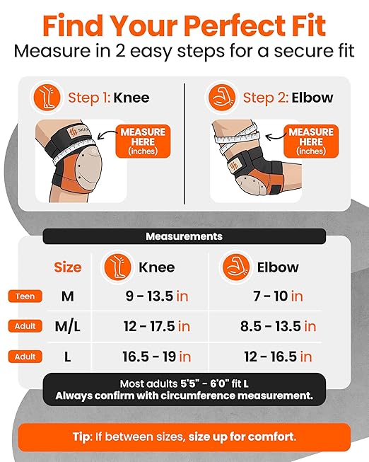 SKATEWIZ Knee and Elbow Pads Adult - Skating Protective Gear Adult - Shield - Size L Orange - Skate Gear Roller Skates, Skateboard and Inline Skates