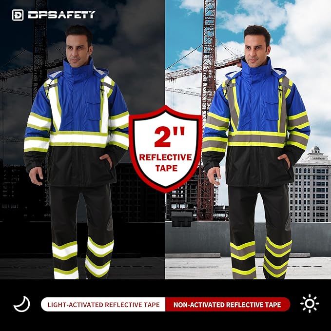 Hi Vis Safety rain Jacket，Reflective Class 3 Rain coat with Inner Mesh Lining and Pockets High Visibility Waterproof work Rain Suits for men&women（Blue,SM/MD）
