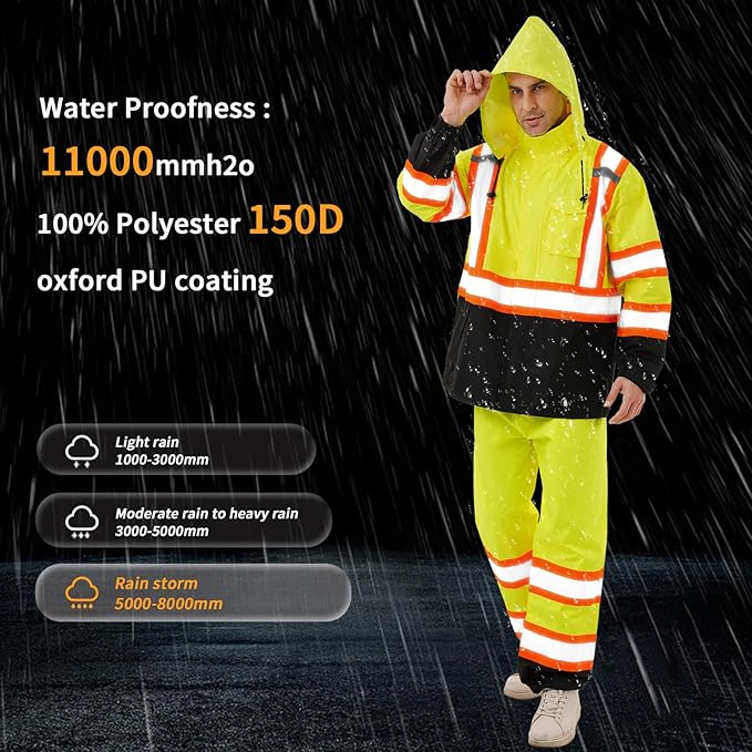 Hi Vis Safety rain Jacket，Reflective Class 3 Rain coat with Inner Mesh Lining and Pockets High Visibility Waterproof work Rain Suits for men&women（Yellow,SM/MD）