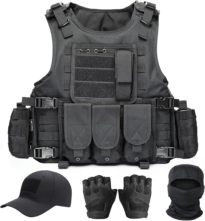 VPZenar Tactical Vest for Men, Airsoft Vest, Black Molle Vest and Cap Protective Equipment, Tactical Airsoft Gear