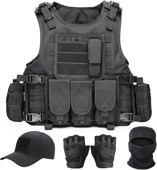 VPZenar Tactical Vest for Men, Airsoft Vest, Black Molle Vest and Cap Protective Equipment, Tactical Airsoft Gear