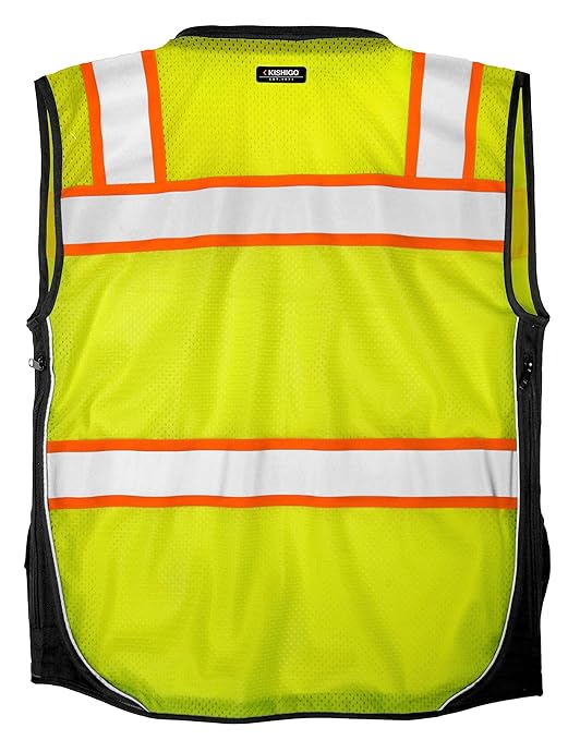 Kishigo Premium Black Series Men's Surveyors Vest S5002, Class 2 Hi-Vis Safety Vest, 10 Pockets with Reinforced Front Zipper Closure & Durable Webbing, ANSI/ISEA 107 Compliant (Lime/Black, 4XL)