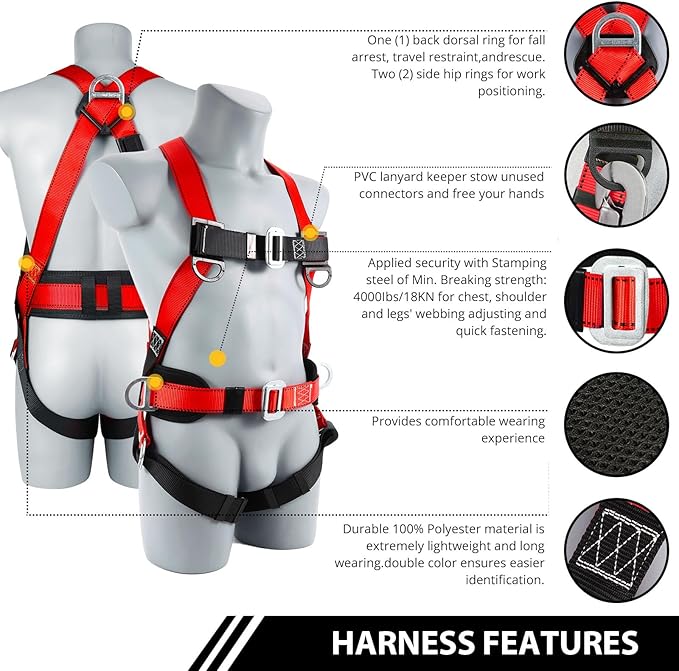 TT TRSMIMA Safety Harness Fall Protection Kit - Full Body Roofing harnesses with Shock Absorbing Lanyard Upgrade Paded