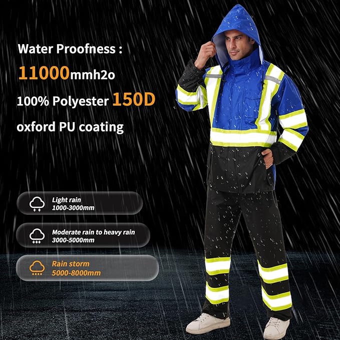 Hi Vis Safety rain Jacket，Reflective Class 3 Rain coat with Inner Mesh Lining and Pockets High Visibility Waterproof work Rain Suits for men&women（Blue,SM/MD）