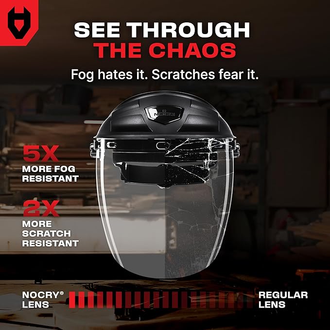 NoCry Premium Safety Face Shield for Grinding and Cutting — Clear Anti-Fog, Impact Resistant Visor and Adjustable Headgear — ANSI Z87.1 Certified for Industrial Use — Washable Sweatbands Included