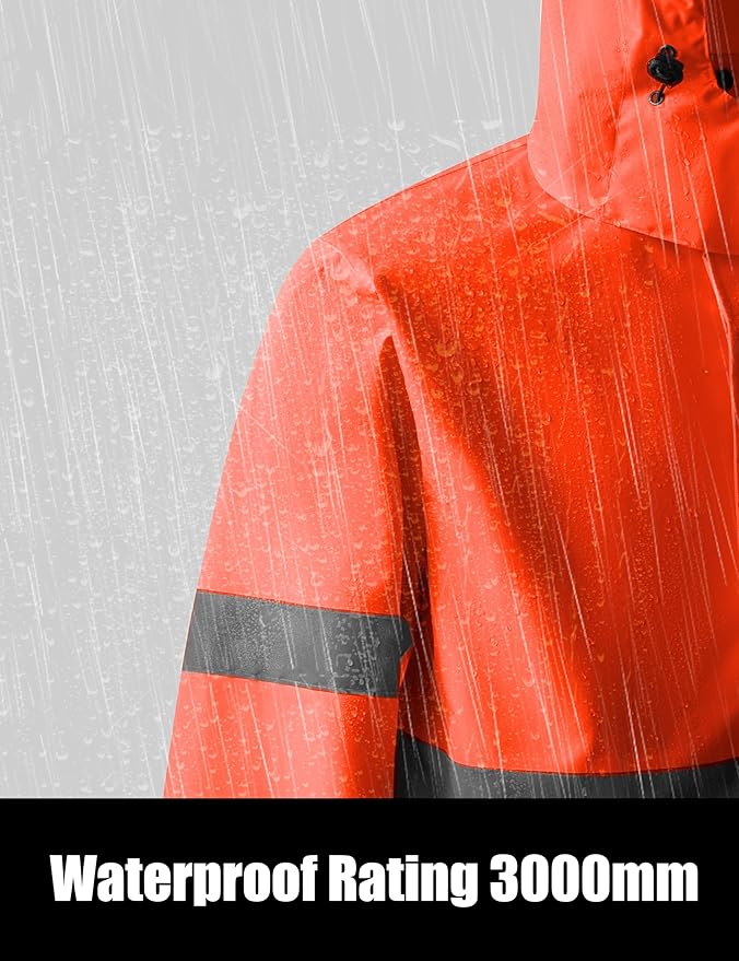 Ubon Men's Reflective Rain Jacket, Waterproof Hi Vis Rain Coat Safety High Visibility Raincoat with Detachable Hood