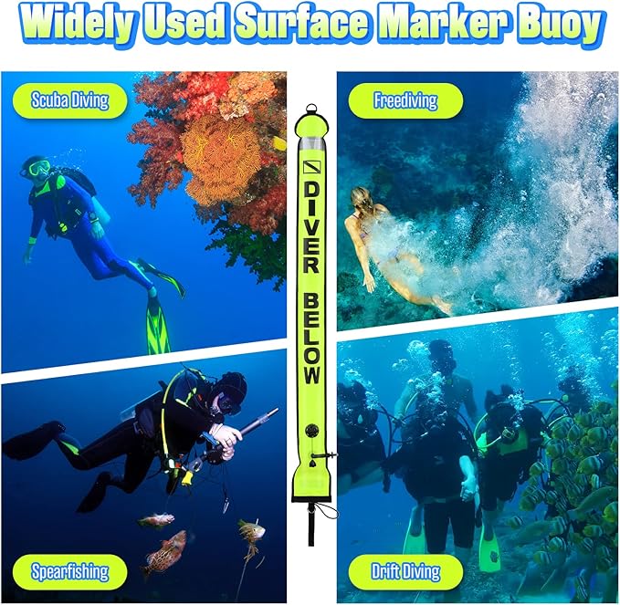 High Visibility Diving Surface Marker Buoy (SMB), Inflatable Scuba Signal Tube with Reflective Band, Safety Sausage Easy Inflate/Deflate for Scuba, Freediving & Snorkeling