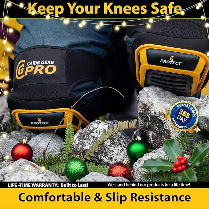 CARIB GEAR PRO USA Work Knee Pads for Men and Women Heavy Duty Double Gel Construction Knee Pads with Anti Slip Straps for Flooring Tiling Gardening Includes Leather Gloves and Safety Glasses
