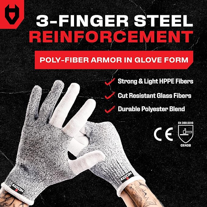 NoCry Cut Resistant Work Gloves for Women and Men, with Reinforced Fingers; Comfortable, 100% Food Grade Kitchen Cooking Hand Protection; Ambidextrous Safety Gear for Cutting;Level 5 Protection 3-pack