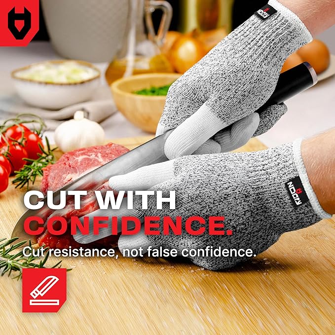 NoCry Cut Resistant Work Gloves for Women and Men, with Reinforced Fingers; Comfortable, 100% Food Grade Kitchen Cooking Hand Protection; Ambidextrous Safety Gear for Cutting; Level 5 Protection
