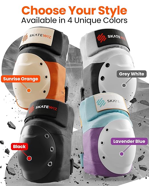 SKATEWIZ Bike Knee Pads - Skateboard Safety Gear - Shield - Size M/L Orange - Skate & Skateboarding Wrist Guards for Skating Adult with Elbow Pads - Roller Skates, Inline Skates