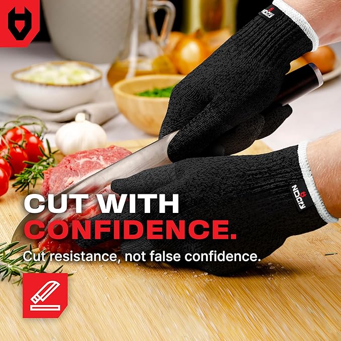 NoCry Cut Resistant Work Gloves for Women and Men, with Reinforced Fingers; Comfortable, 100% Food Grade Kitchen Cooking Hand Protection; Ambidextrous Safety Gear for Cutting; Level 5 Protection